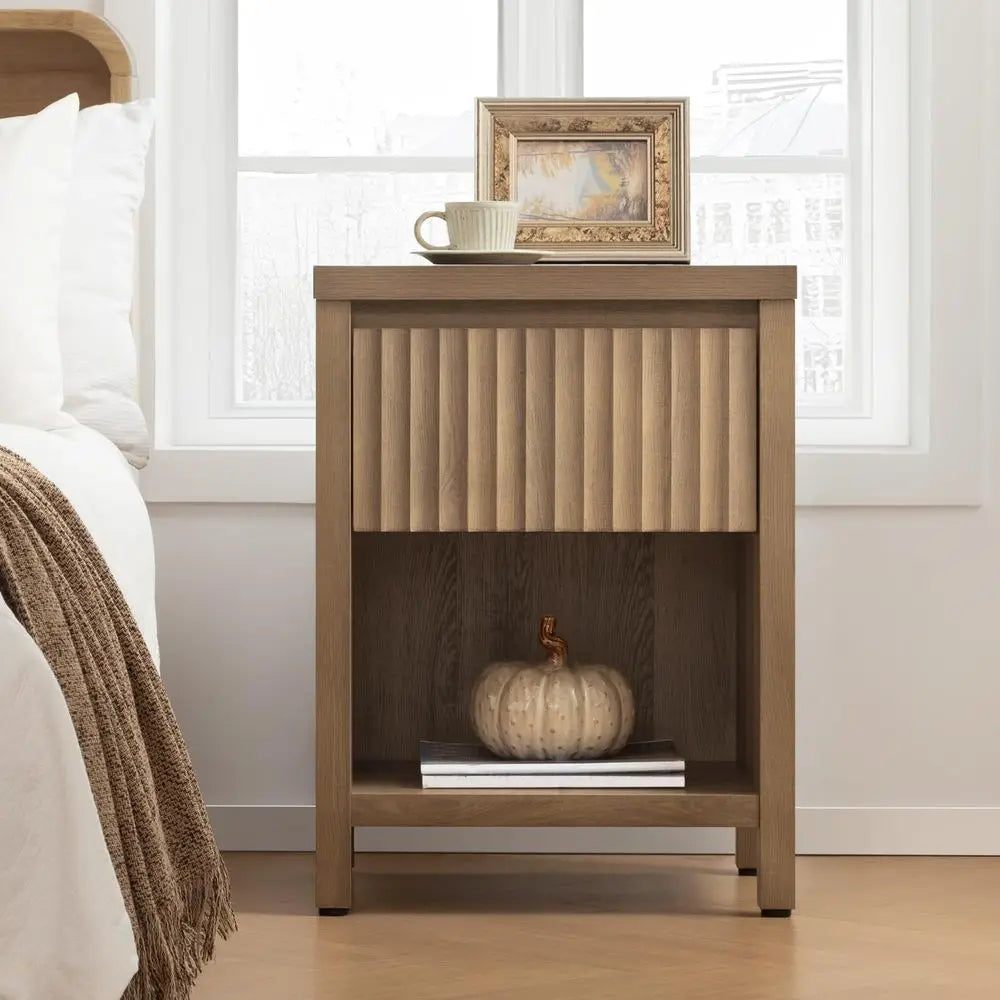 Fluted Night Stand Set of 2, Farmhouse Nightstands with Drawer, Boho Bedside Table with Storage Shelf, Large End Tables Bed Sid