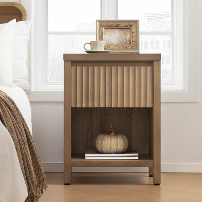 Fluted Night Stand Set of 2, Farmhouse Nightstands with Drawer, Boho Bedside Table with Storage Shelf, Large End Tables Bed Sid