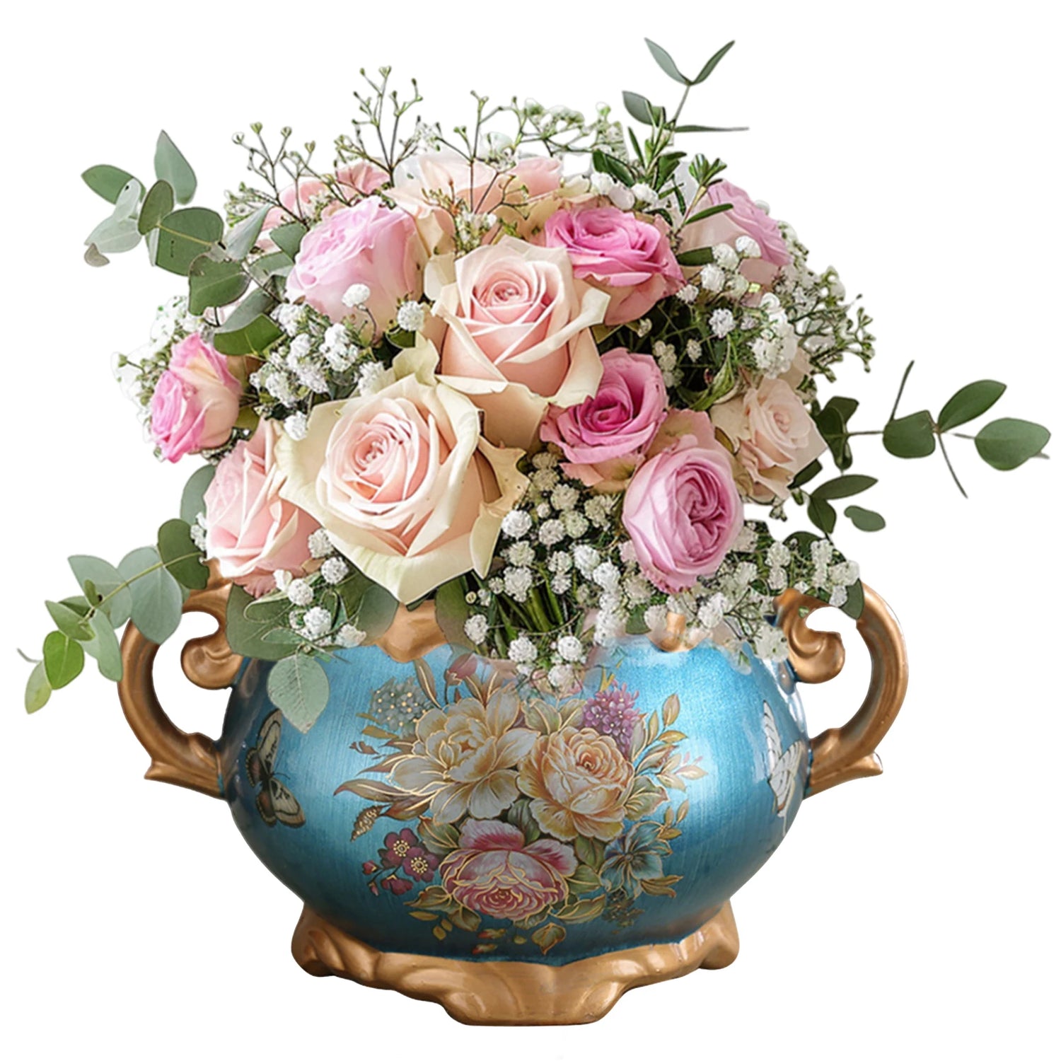 Europe Retro Ceramic Vase with Handle for Home Bedroom Living Room Decor (blue)