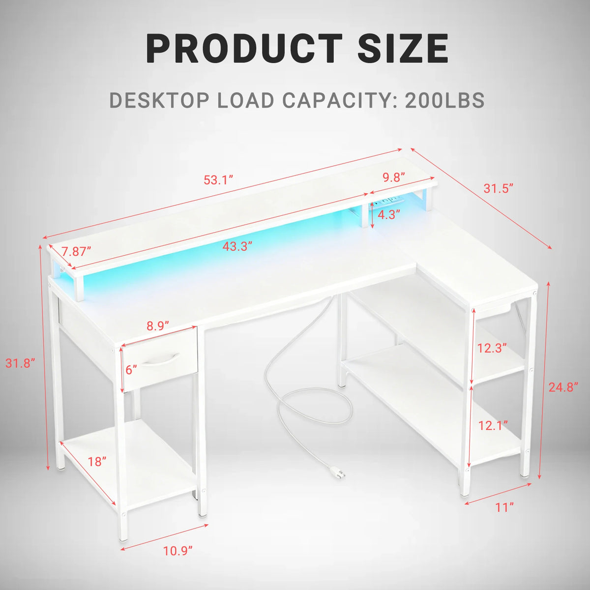 JHK L-Shaped Gaming Desk With USB And LED Lighting