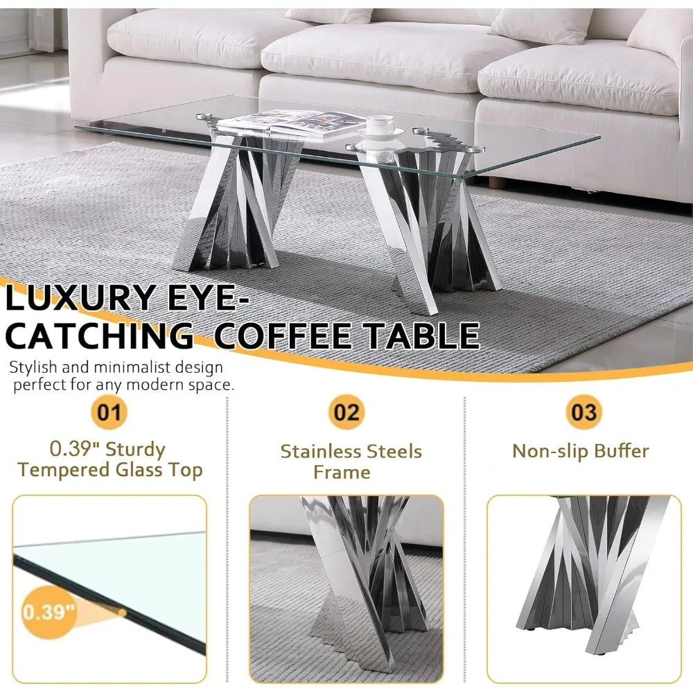 3 Piece Luxury Living Room Table Set, Modern Glass Coffee Table Set of 3, Includes Coffee Table,Console Table &amp; End Table, Tempe