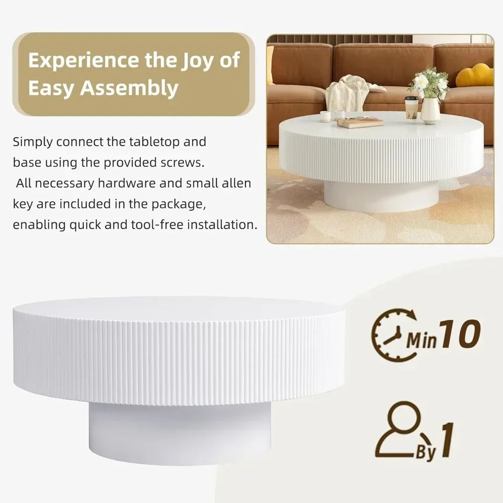 BestsellerRound Coffee Table for Living Room, Modern Wood Drum Center Table, Minimalist Fluted End Table with Sturdy Base, White