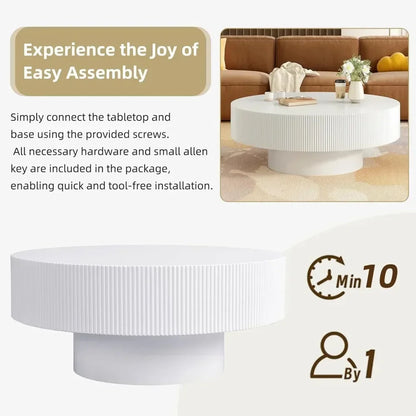 BestsellerRound Coffee Table for Living Room, Modern Wood Drum Center Table, Minimalist Fluted End Table with Sturdy Base, White