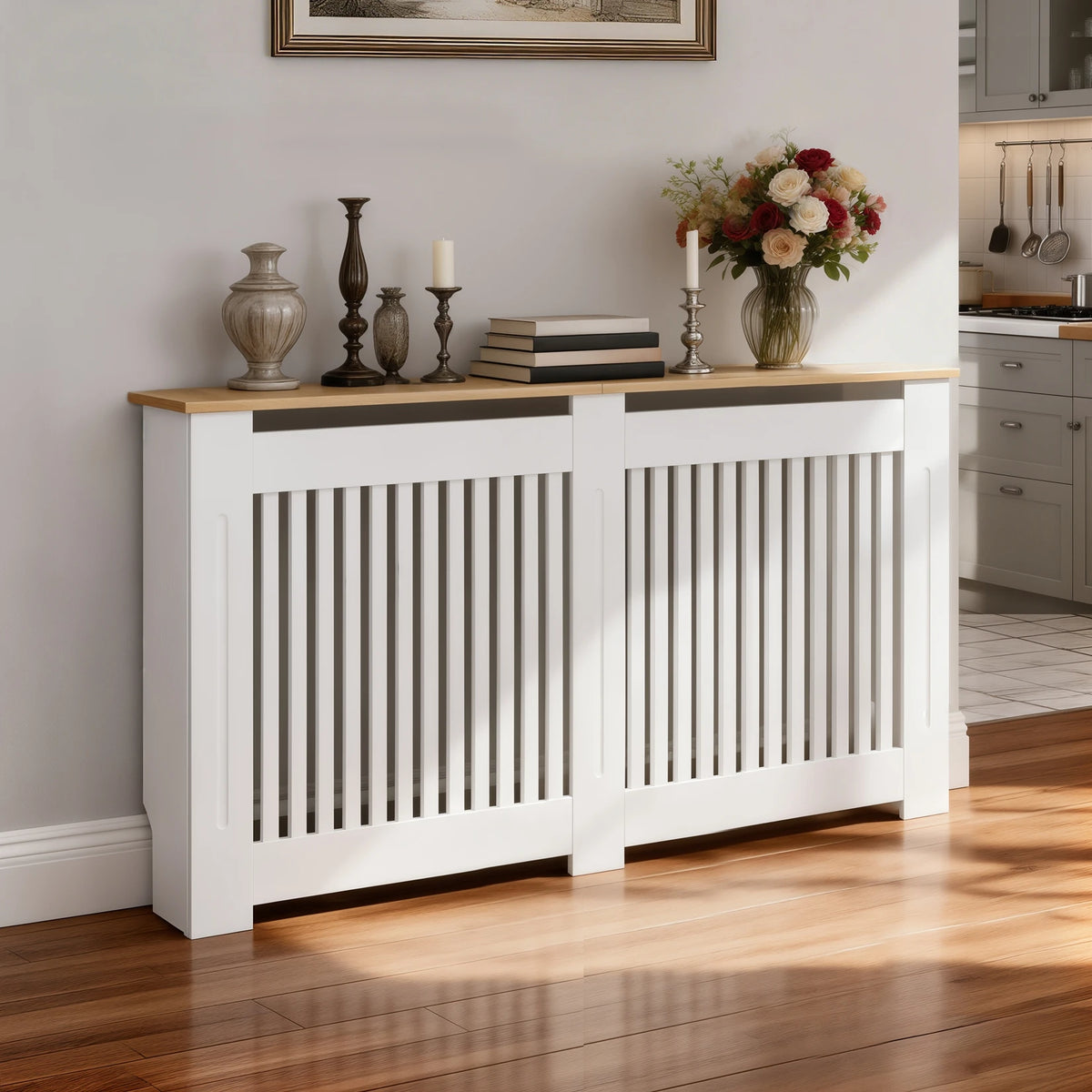 Modern Radiator Cover Decorative Heater Protector Wall Vertical Slat Grill Shelf with MDF Wood Top