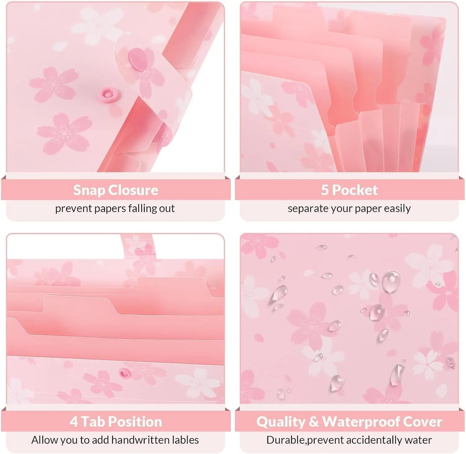 Pink Expanding File Folder with 5 Pockets, Portable Accordion Organizer for Receipts and Documents, Letter Size Office Supplies