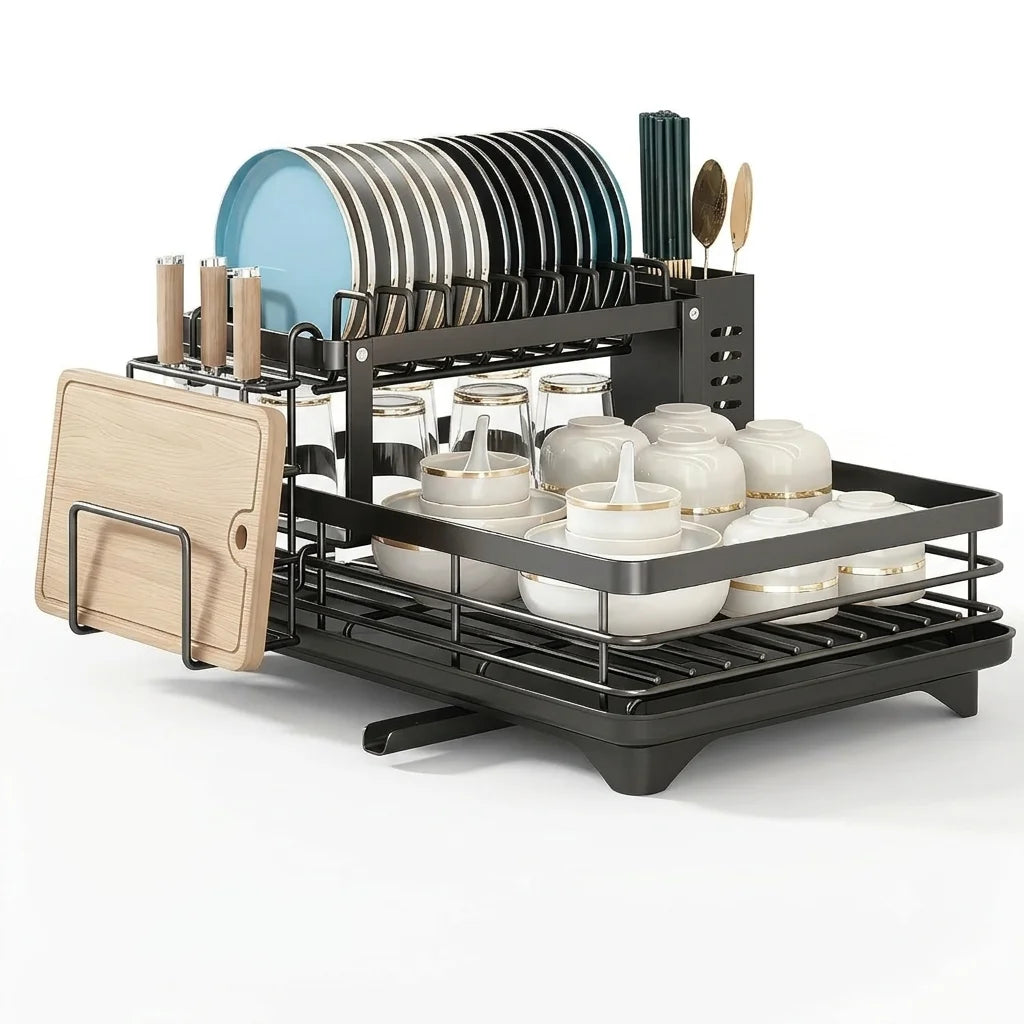 2-Tier Expandable Dish Drying Rack, Metal Kitchen Dish Rack and Drainboard Set with Knife Fork Holder &amp; Cutting Board Organizer for Countertop