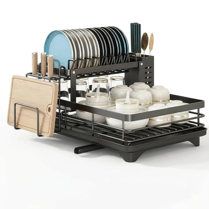 2-Tier Expandable Dish Drying Rack, Metal Kitchen Dish Rack and Drainboard Set with Knife Fork Holder &amp; Cutting Board Organizer for Countertop