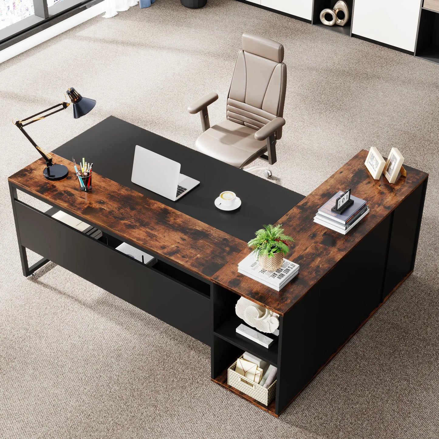 Tribesigns L Shaped Executive Desk With Cabinet Storage And Shelves