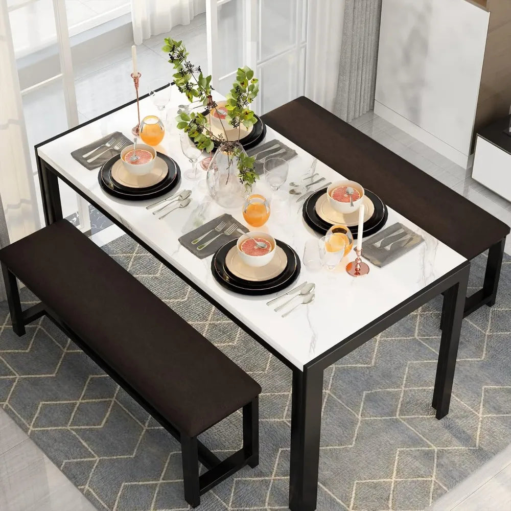 Dining Table Set with 2 Benches, Dining Table Set for 4-6 People, Artificial Marble Breakfast Table Set and PU