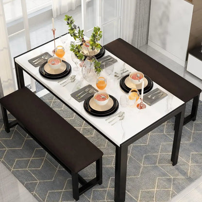 Dining Table Set with 2 Benches, Dining Table Set for 4-6 People, Artificial Marble Breakfast Table Set and PU