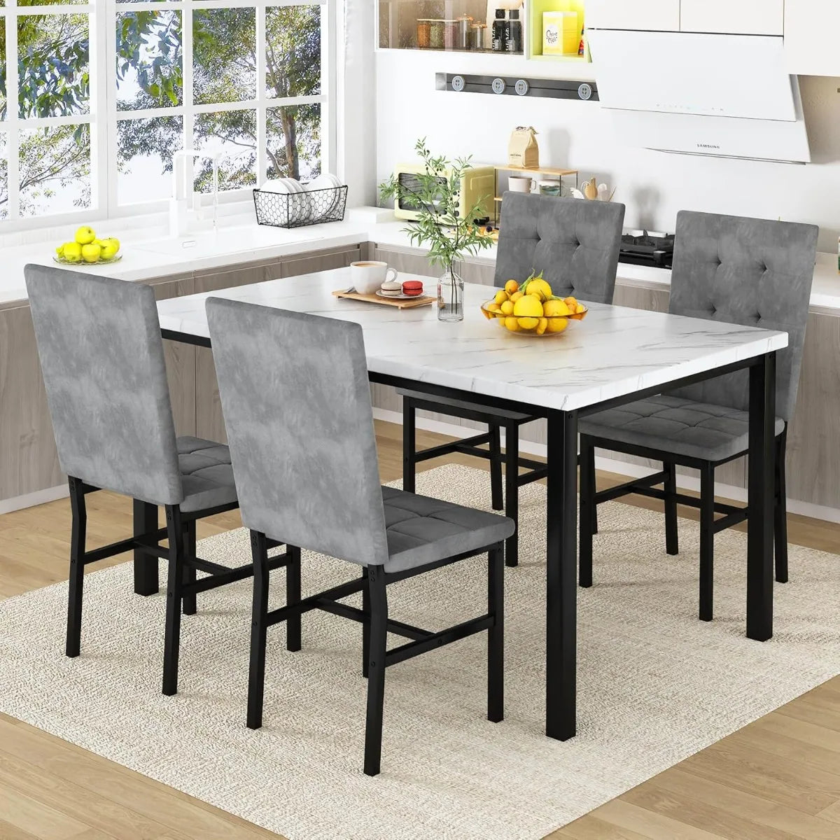 Dining Table Set For 4,Faux Marble Kitchen Table And Chairs Of 4, Modern Dining Room For 4,Dinner Table With Ve