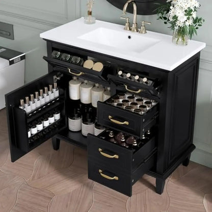 36 inch freestanding bathroom vanity with integrated ceramic sink, solid pine frame and MDF doors, three graduated drawers plus