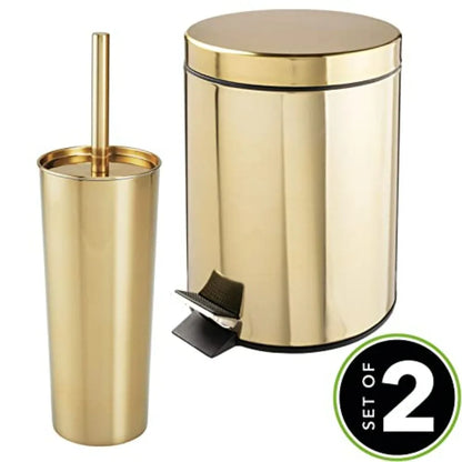 Metal Steel/Plastic Toilet Bowl Brush Holder and Round 1.3 Gallon 5L Step Trash Can Combo Set for Bathroom with Brass Finish fo