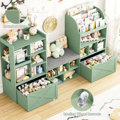 75" Kids Bookshelf with Reading Nook, Toy Storage Organizer with Seat Cushion &amp; Movable Drawers for Playroom
