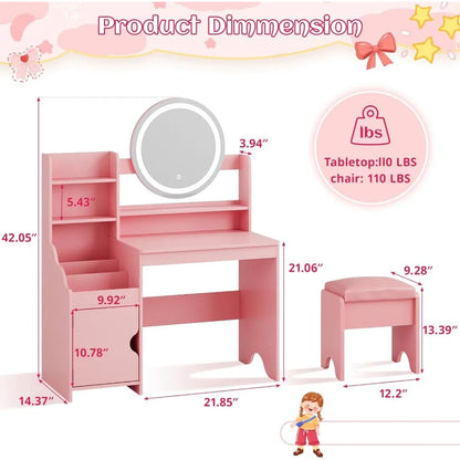 Kids Vanity with Lights, Princess Makeup Vanity Desk with Open Bookshelf, Storage Cabinet &amp; Shelves, Toddler Vanity Tabl