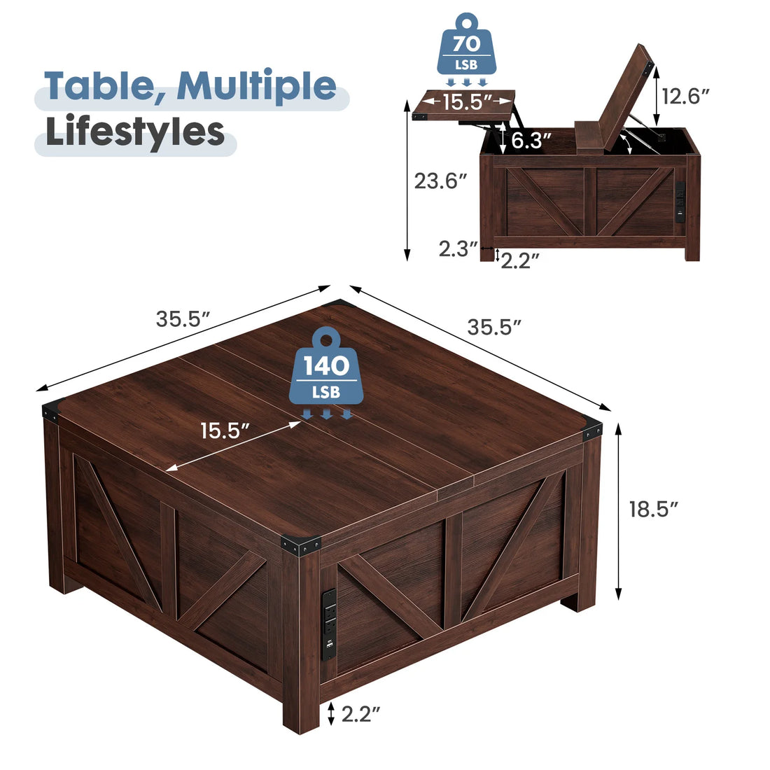 JHK Lift Top Coffee Table With Charging Station And Storage
