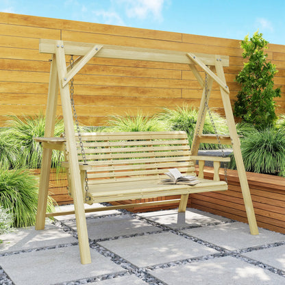 Outsunny 3-Seater Patio Swing with Stand and Side Table, Natural Wood