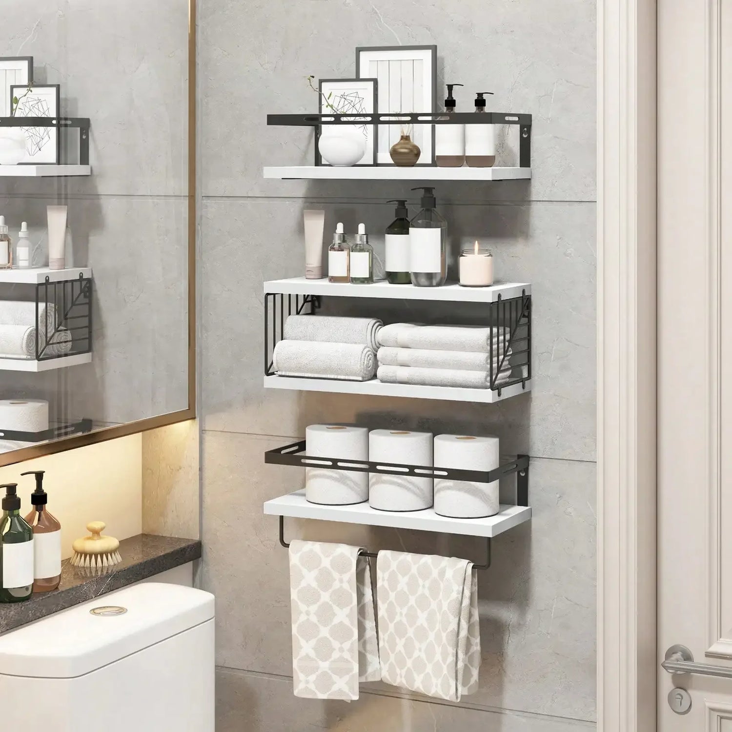 Tomnk Wall Mounted Bathroom Shelves Over Toilet, Rustic Wood Floating Shelves With Metal Frame And Towel Bar For Bathroom, Kitch
