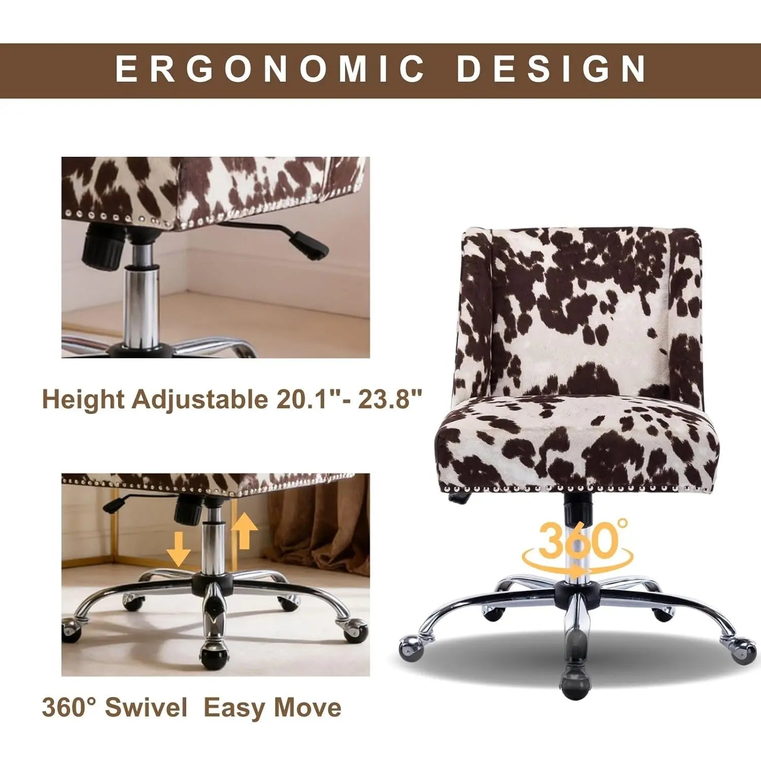 Cow Print Adjustable Swivel Fabric Office Chair Armless Upholstered Accent for Home Office Living Room Bedroom, Customized
