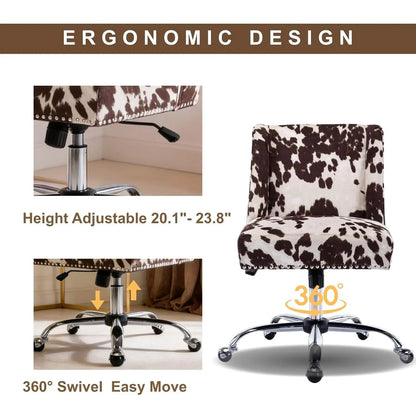 Cow Print Adjustable Swivel Fabric Office Chair Armless Upholstered Accent for Home Office Living Room Bedroom, Customized