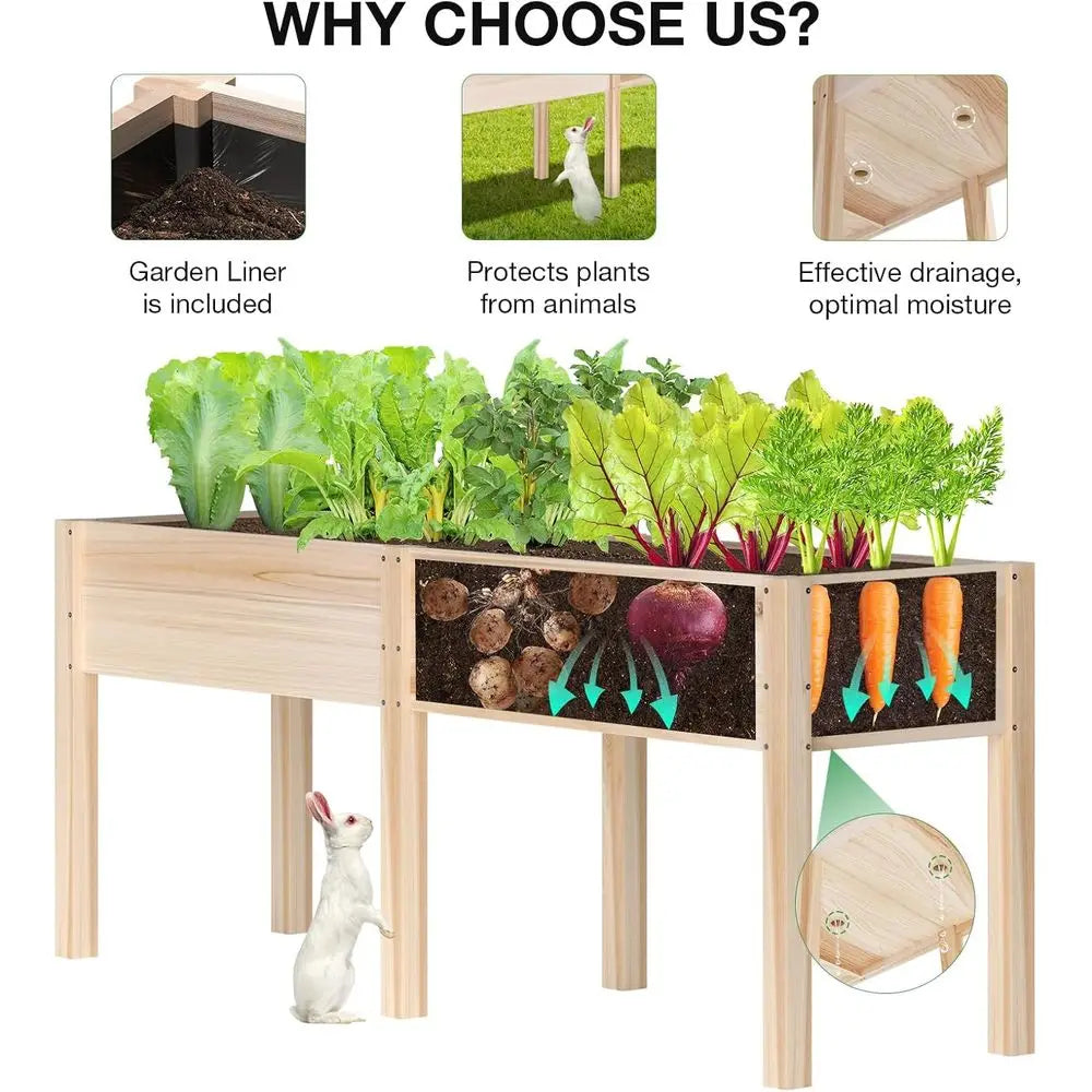 Large Outdoor Raised Garden Bed with Legs, 72L x 23W, Reinforced Wooden Planter for Backyard, Patio, Balcony, 300lb Capacity, Di