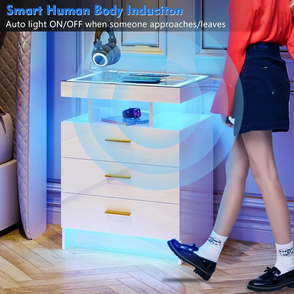 2 Set Nightstands with Wireless Charging Station, Auto Sensor 3 Color Dimmable LED Night Stand, Modern Bedside Table with 3 Dra