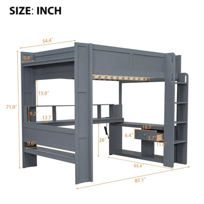Full Wood Gaming Loft Bed Desk Storage Shelves LED Charging Station Kids Bedroom No Box Spring, Customized