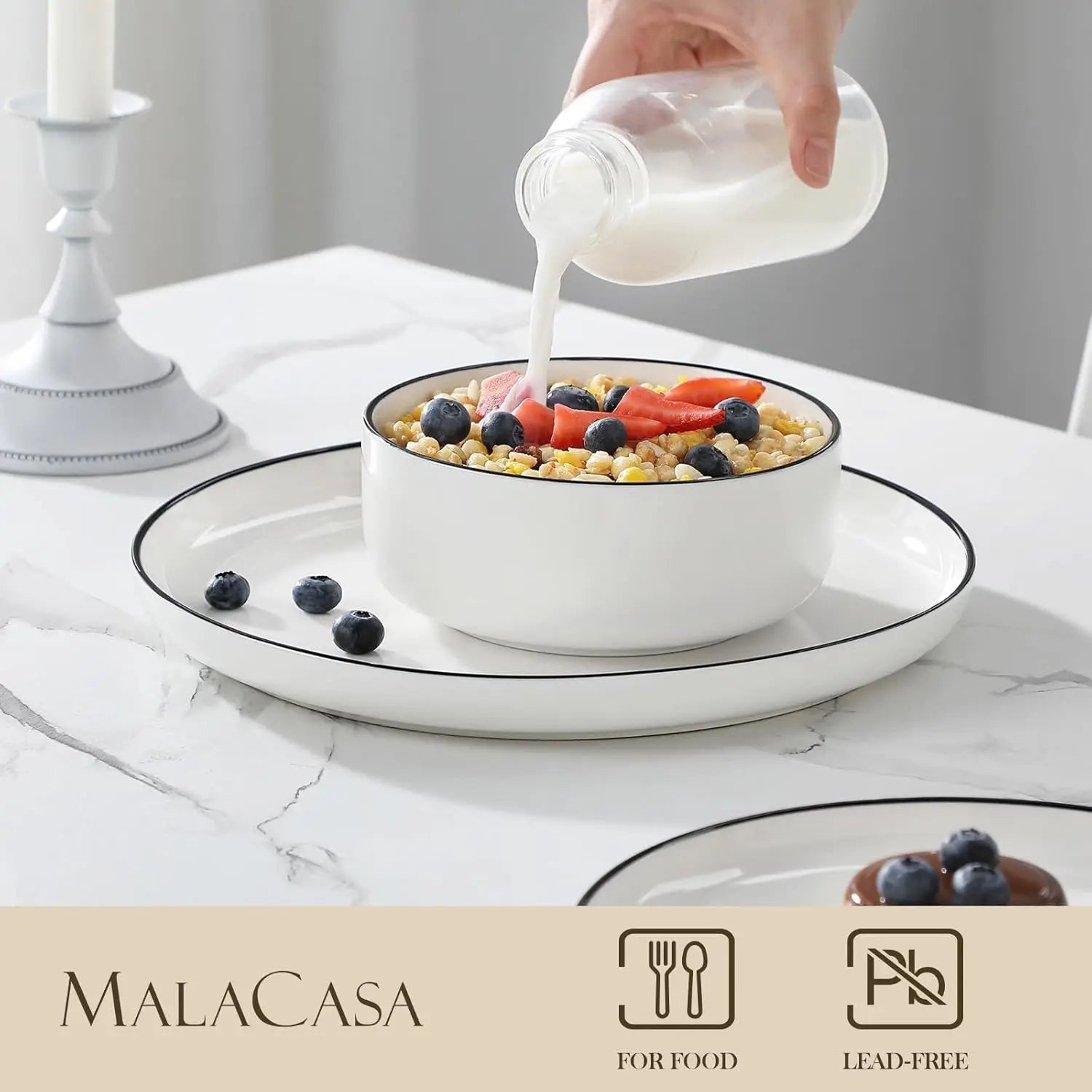 Plates and Bowls Sets, 12 Pieces Modern Porcelain Dinnerware Set for 4 White Kitchen Dinner Dining