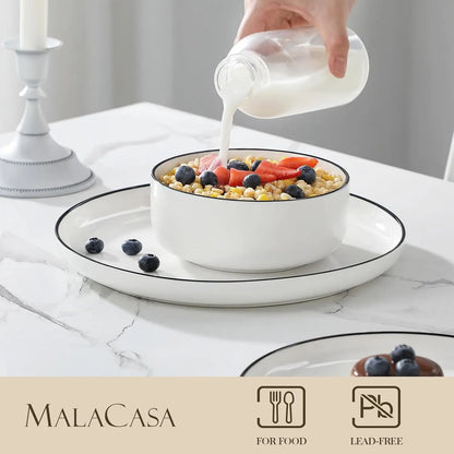 Plates and Bowls Sets, 12 Pieces Modern Porcelain Dinnerware Set for 4 White Kitchen Dinner Dining