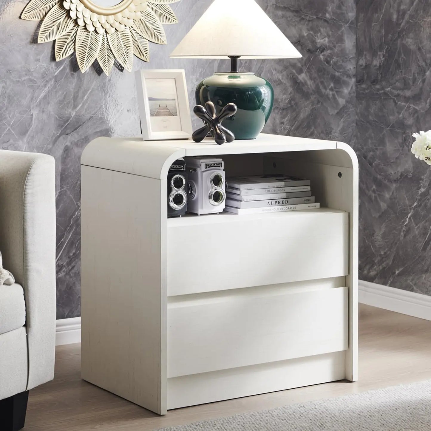 Modern Nightstand With Charging Station And Two Storage Drawers