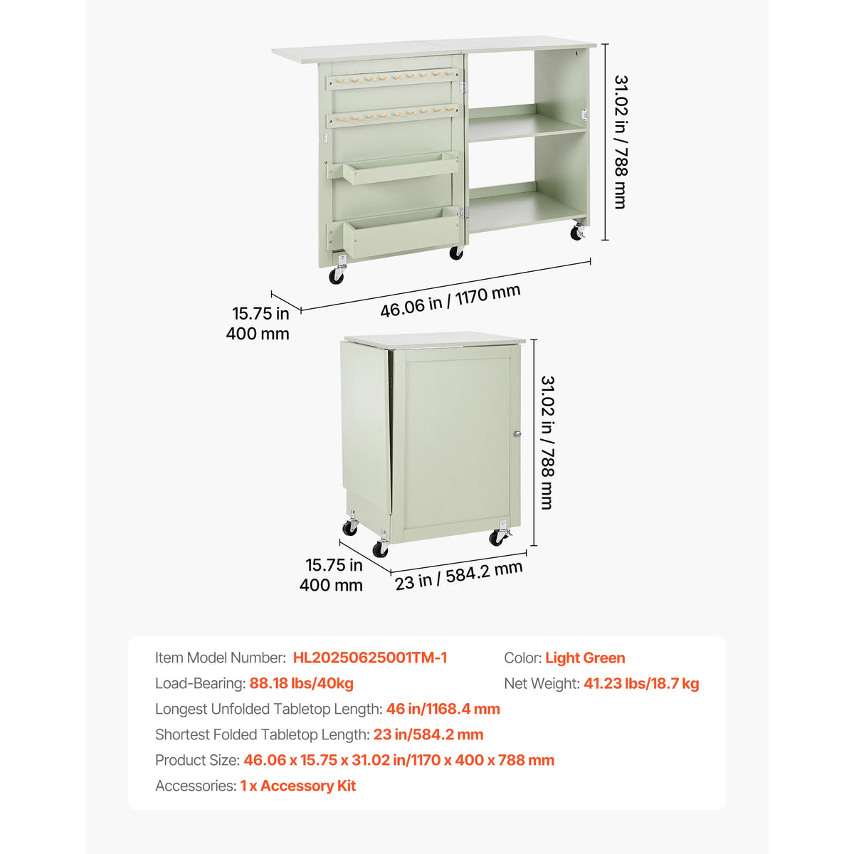 SucceBuy Folding Sewing Machine Table with Wheels and Storage Shelves