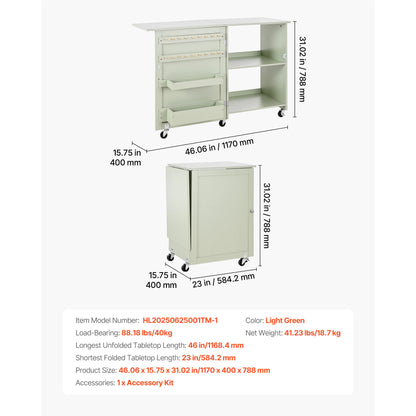 SucceBuy Folding Sewing Machine Table with Wheels and Storage Shelves