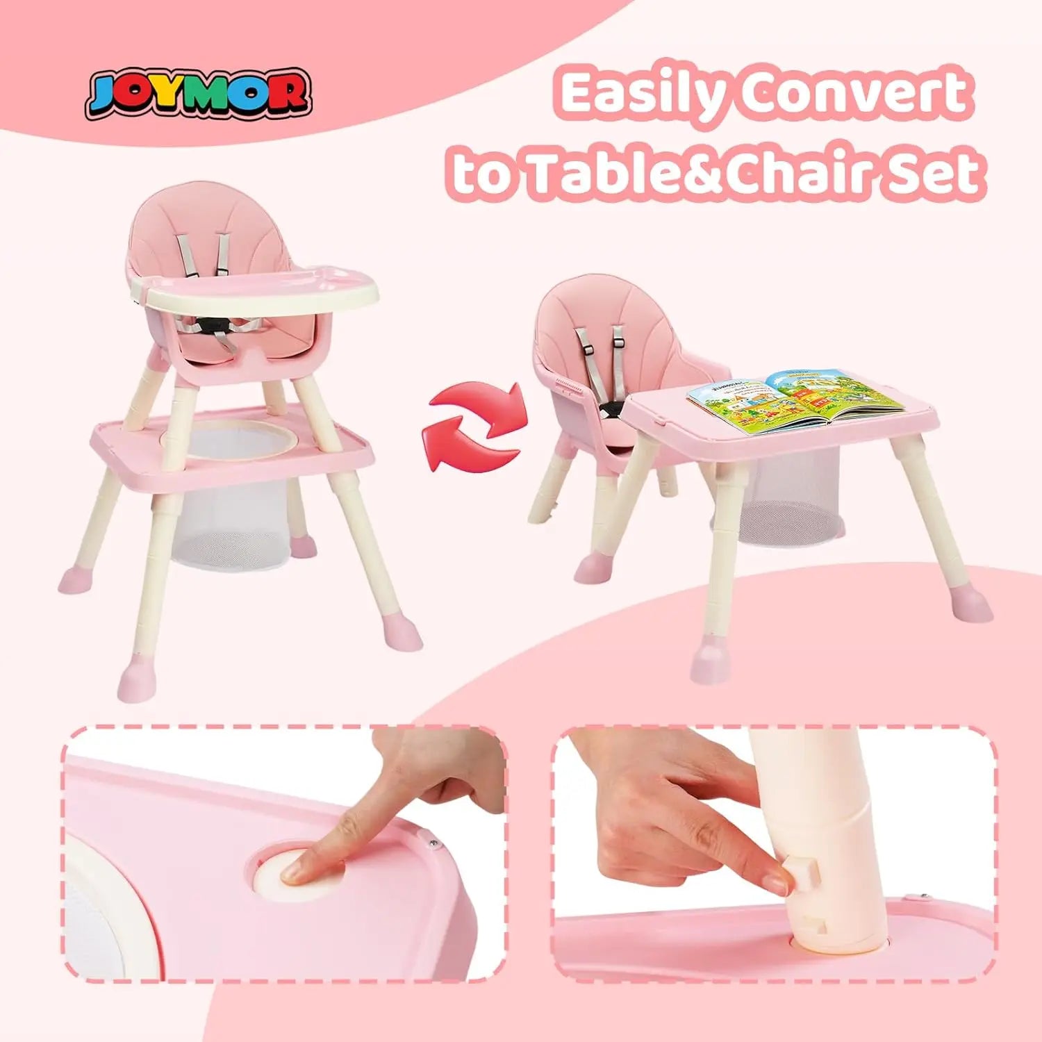 7-in-1 Convertible High Chair for Babies and Toddlers with Storage Basket in Pink