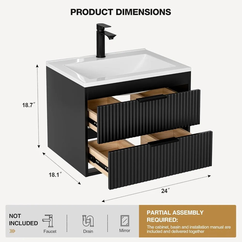 24" Modern Floating Bathroom Vanity with Sink, Double Drawers, Black Handles - White Resin Combo Set