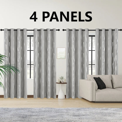 4PCS Blackout Curtains Grommet Thermal Insulated Room Darkening  With Wave Foil Printed For Bedroom