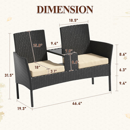 1 Piece Wicker Double Seat Patio Loveseat with Built-in Middle Tea Table, Cushioned Weatherproof Patio Furniture, Comfort Leisure Outdoor Furniture, Sturdy Outdoor Patio Furniture Set for Balcony Porch Garden