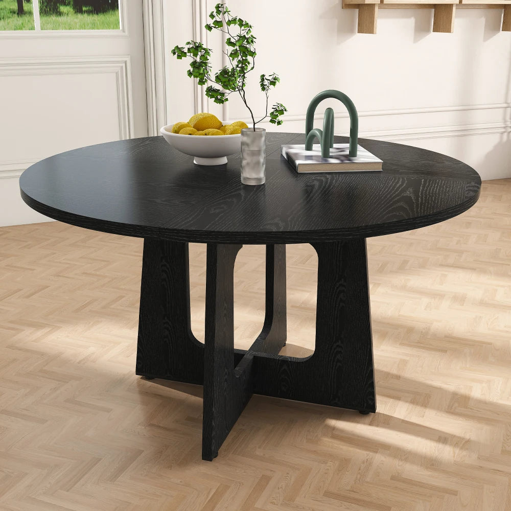 5 Piece Round Dining Table Set for 4, 47 Inch Farmhouse Kitchen Table with 4 Chairs, Black Wood Grain Finish, PU Leather Seats, Easy Assembly