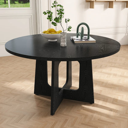 5 Piece Round Dining Table Set for 4, 47 Inch Farmhouse Kitchen Table with 4 Chairs, Black Wood Grain Finish, PU Leather Seats, Easy Assembly