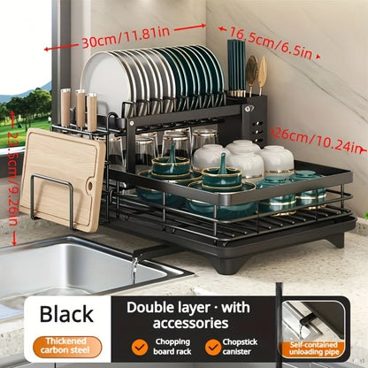 2-Tier Expandable Dish Drying Rack, Metal Kitchen Dish Rack and Drainboard Set with Knife Fork Holder &amp; Cutting Board Organizer for Countertop