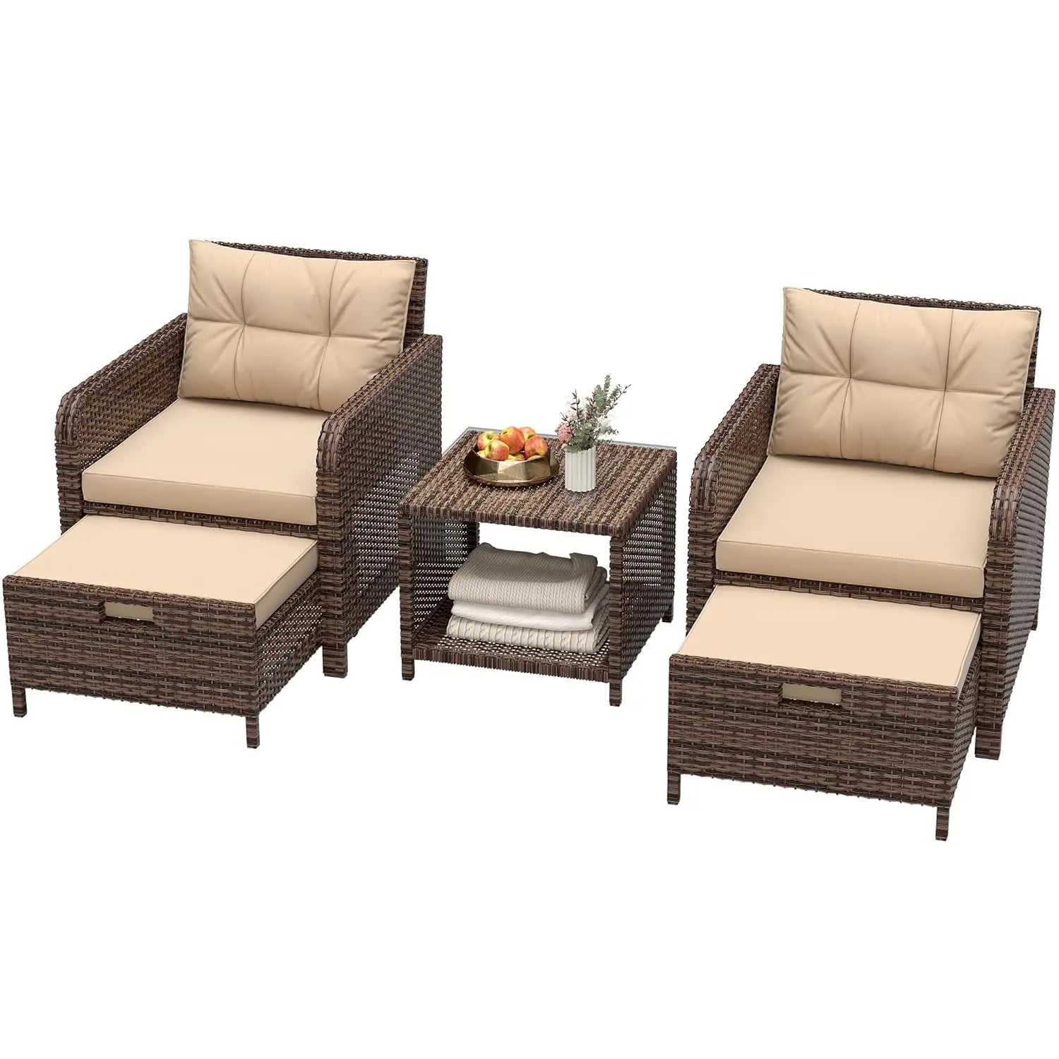 5 Piece PE Outdoor Furniture Set Soft Cushions Coffee Table Hidden Ottoman Porch Lawn Garden Balcony, Customized