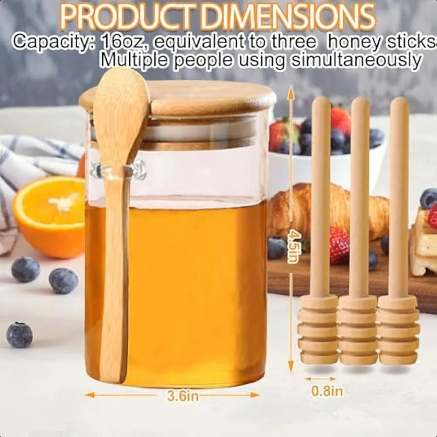 Glass Honey Dispenser No Drip with Dipper and Spoon 16 Oz Oversize Honey Jar with Lid Jar Set Honey Pot Containers with Wooden