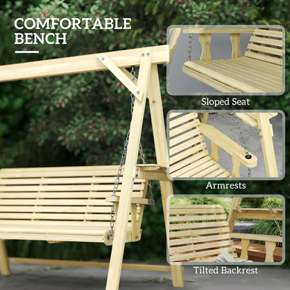 Outsunny 3-Seater Patio Swing with Stand and Side Table, Natural Wood