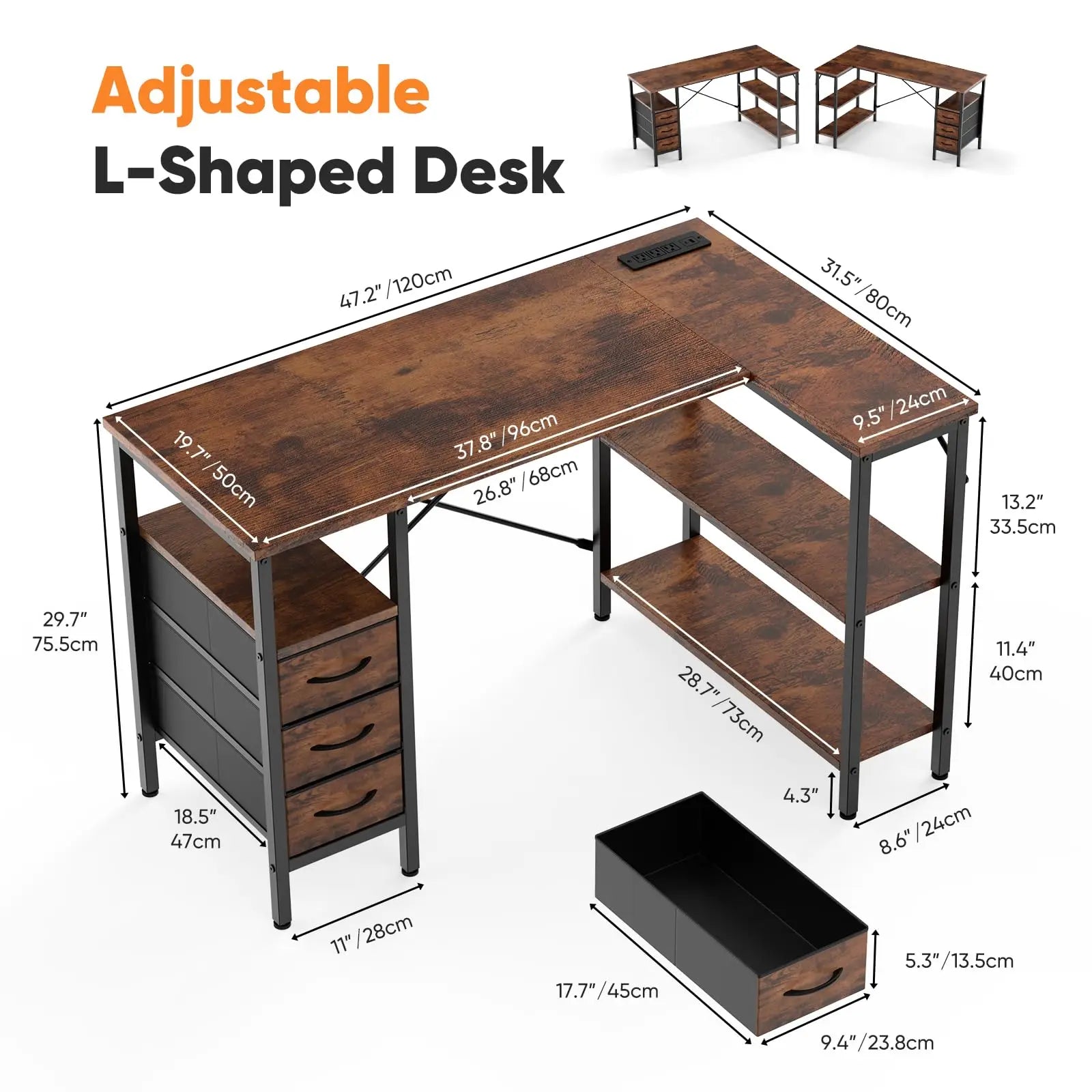 JHK L Shaped Desk With Shelf Drawers And Power Outlet