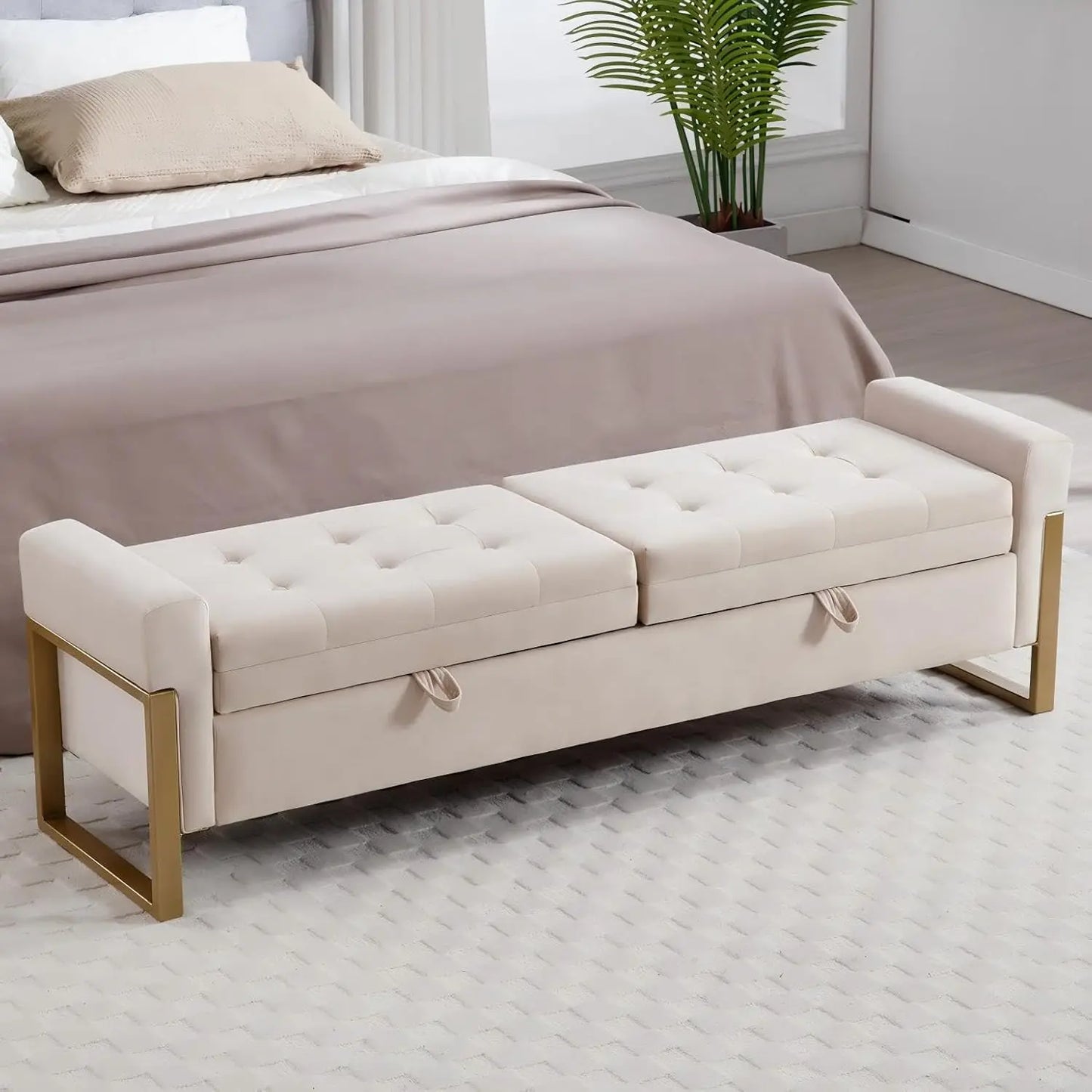 67" Storage Bench for Bedroom End of Bed, Velvet King Size Bed Bench with Double Lids and Gold Legs, Storage Ottoman Bench with