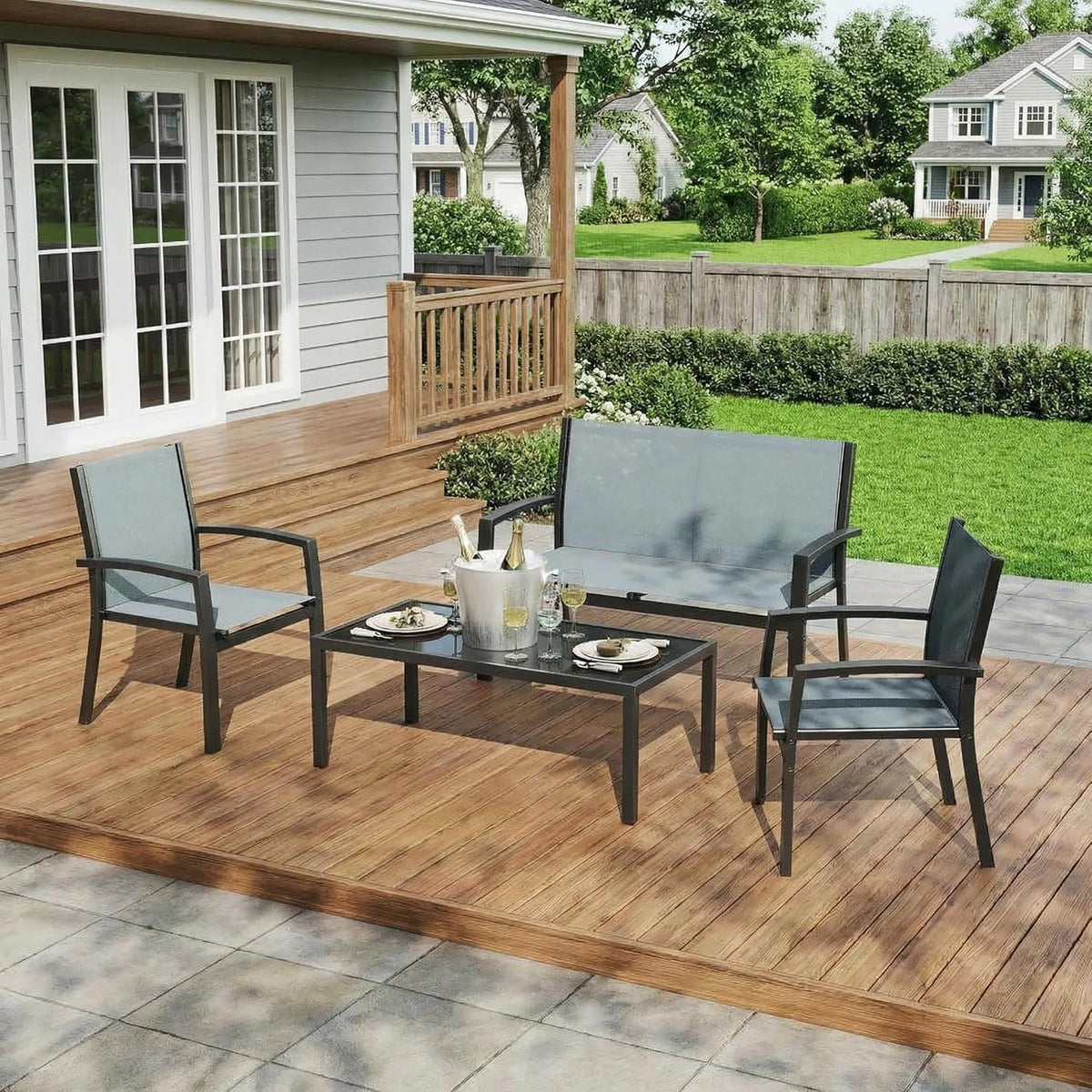 Modern 4 Piece Metal Patio Furniture Set Breathable Mesh Outdoor Loveseat &amp; Chairs With Table For Deck Apartment Porch Backyard