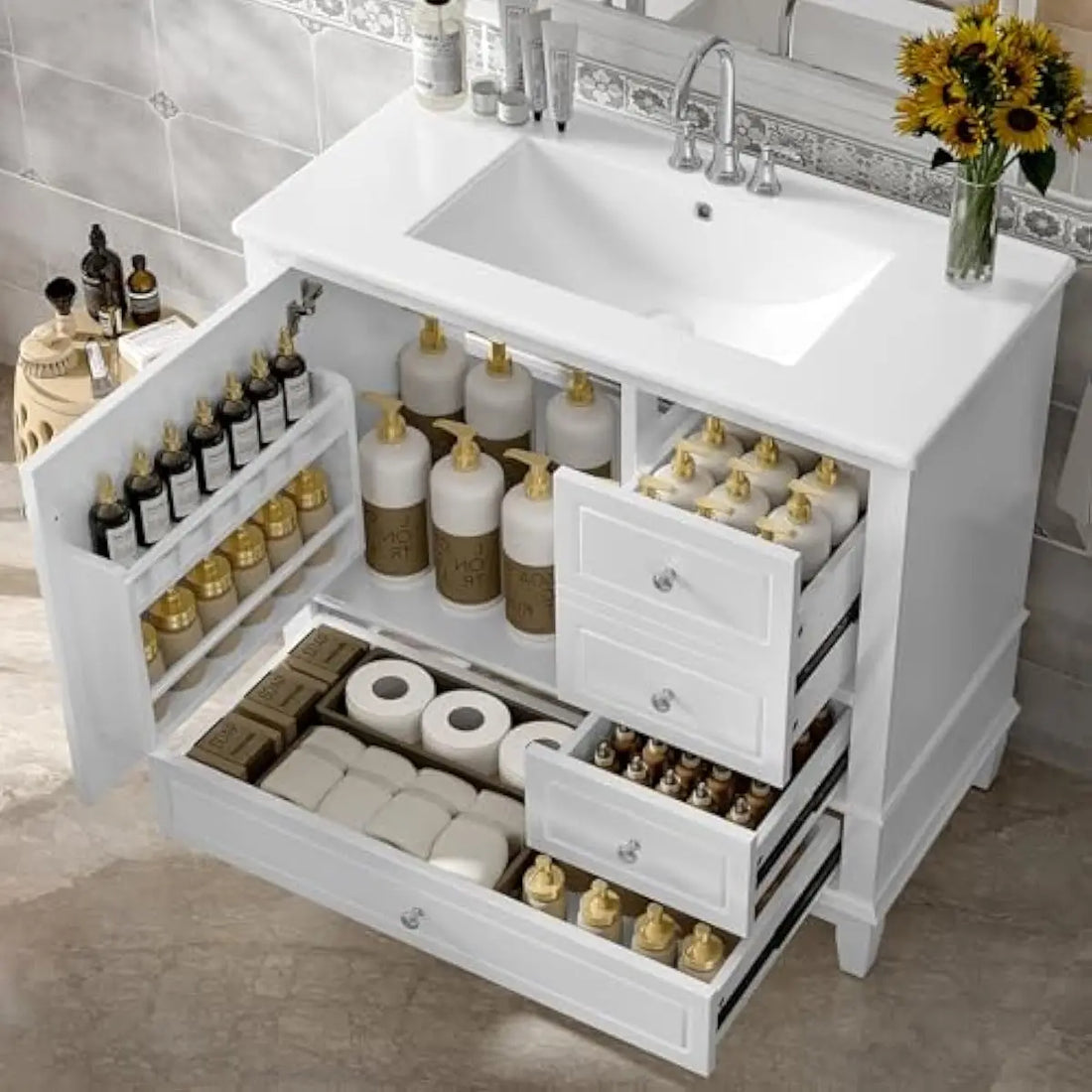 36 inch freestanding bathroom vanity with integrated ceramic sink, solid pine frame and MDF doors, three graduated drawers plus