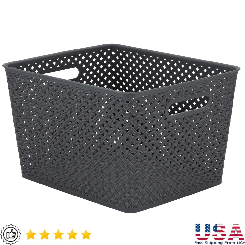 Large Storage Bin Gray Resin Wicker Lightweight Organizing Basket with Handles for Home Storage
