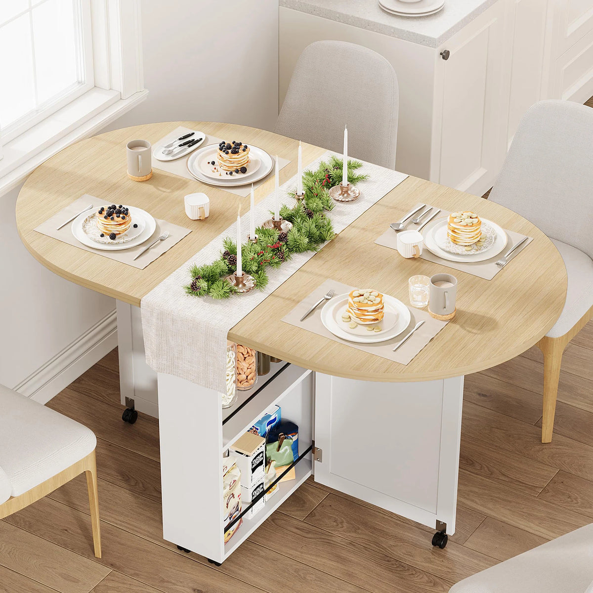 3-in-1 Folding Dining Table With Wine Rack, Drawer &amp; Cup Holders, Drop Leaf Oval Kitchen Table On Lockable Casters For Small Spaces