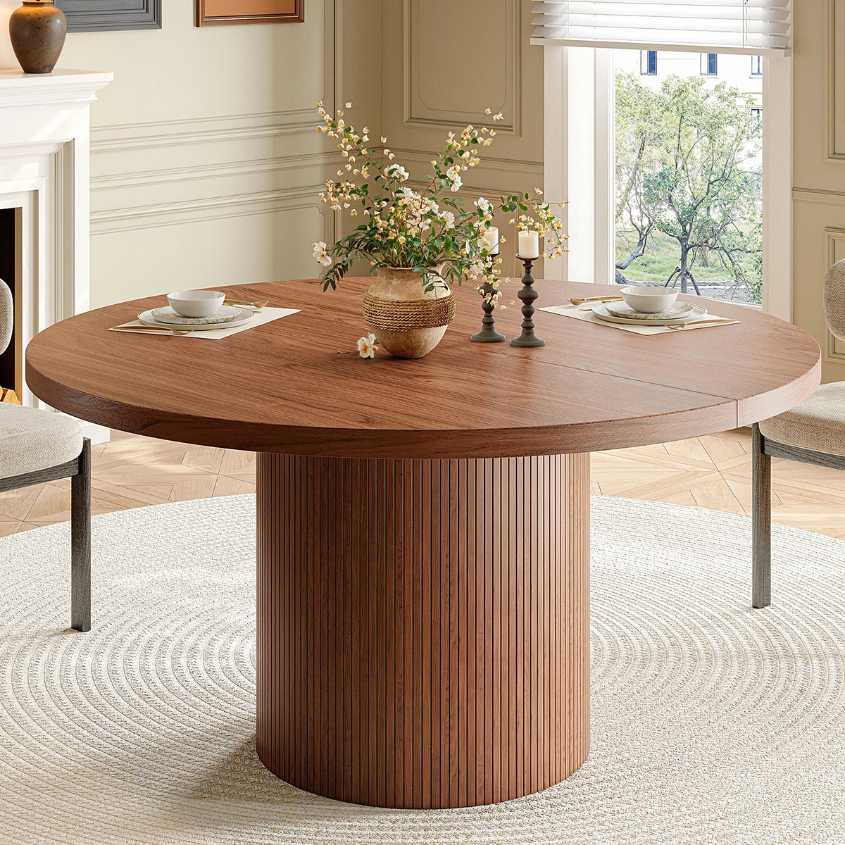 ONBRILL Modern Round Fluted Wood Dining Table for Home Furniture