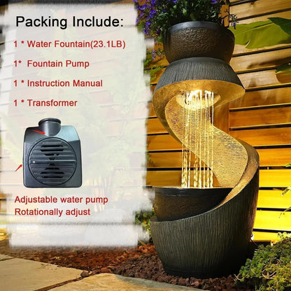 31.9" S-Shaped Water Outdoor Fountain–Modern Cascading Waterfall Feature with LED Lights &amp; Planter Bowl